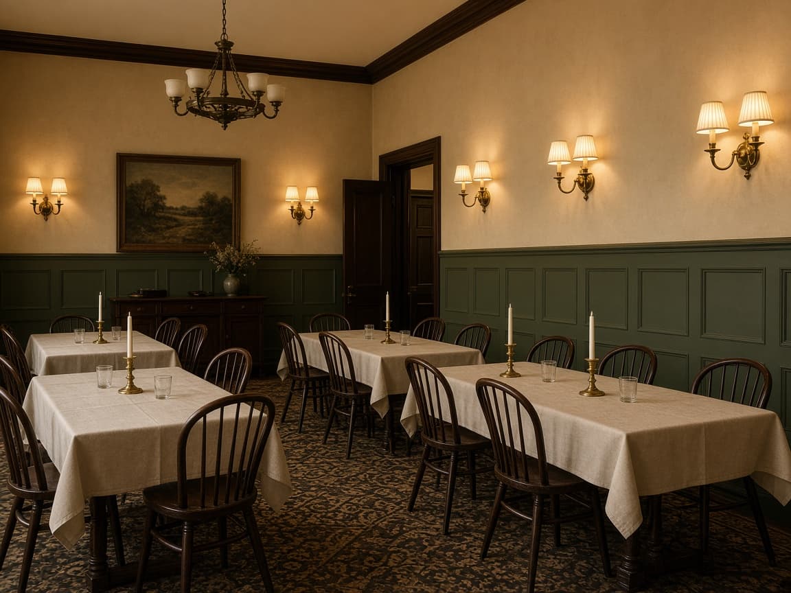 Empty heritage pub function room with long tables and brass wall lights