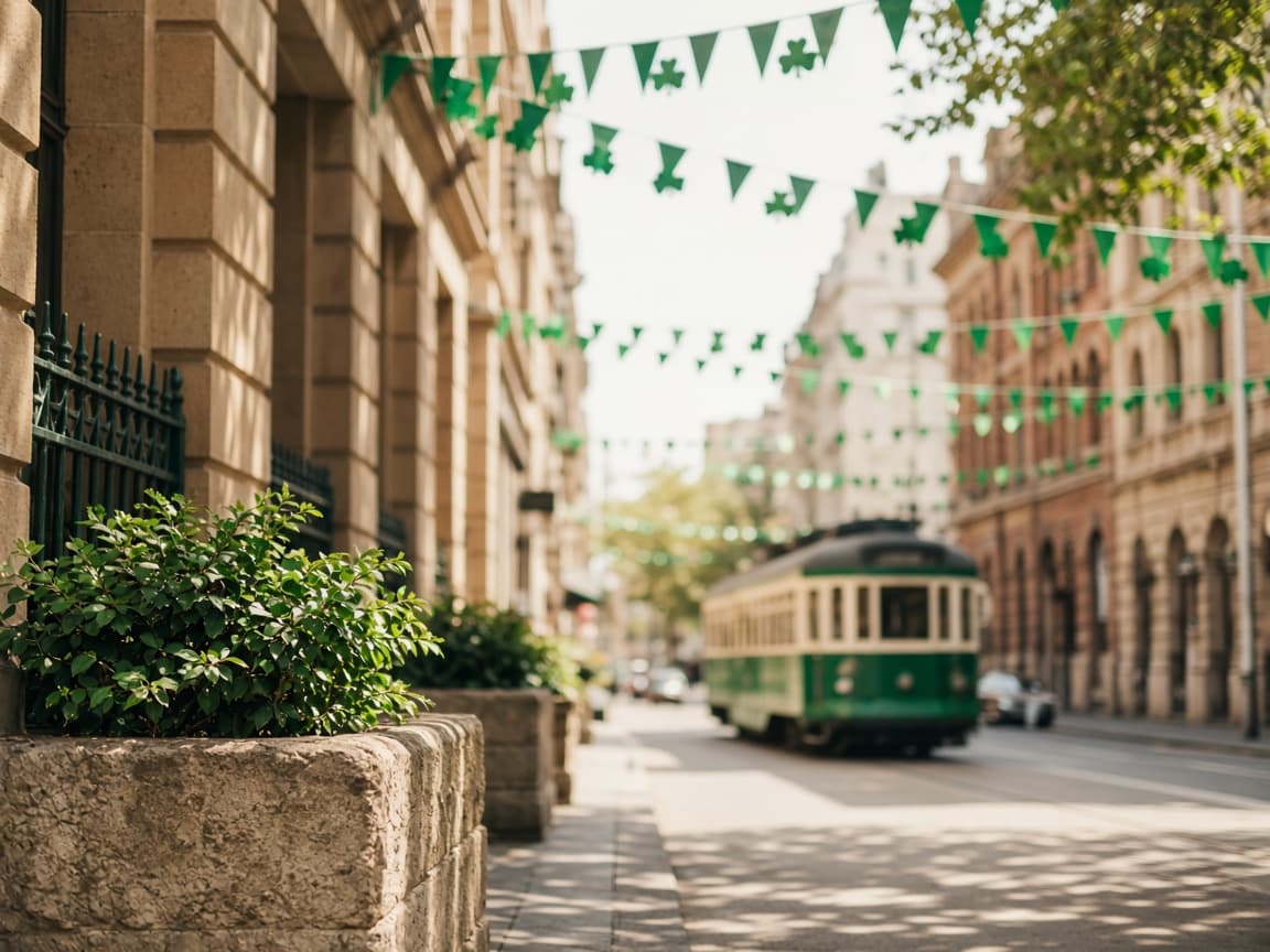 Green festive bunting on an Australian city street in late-summer light