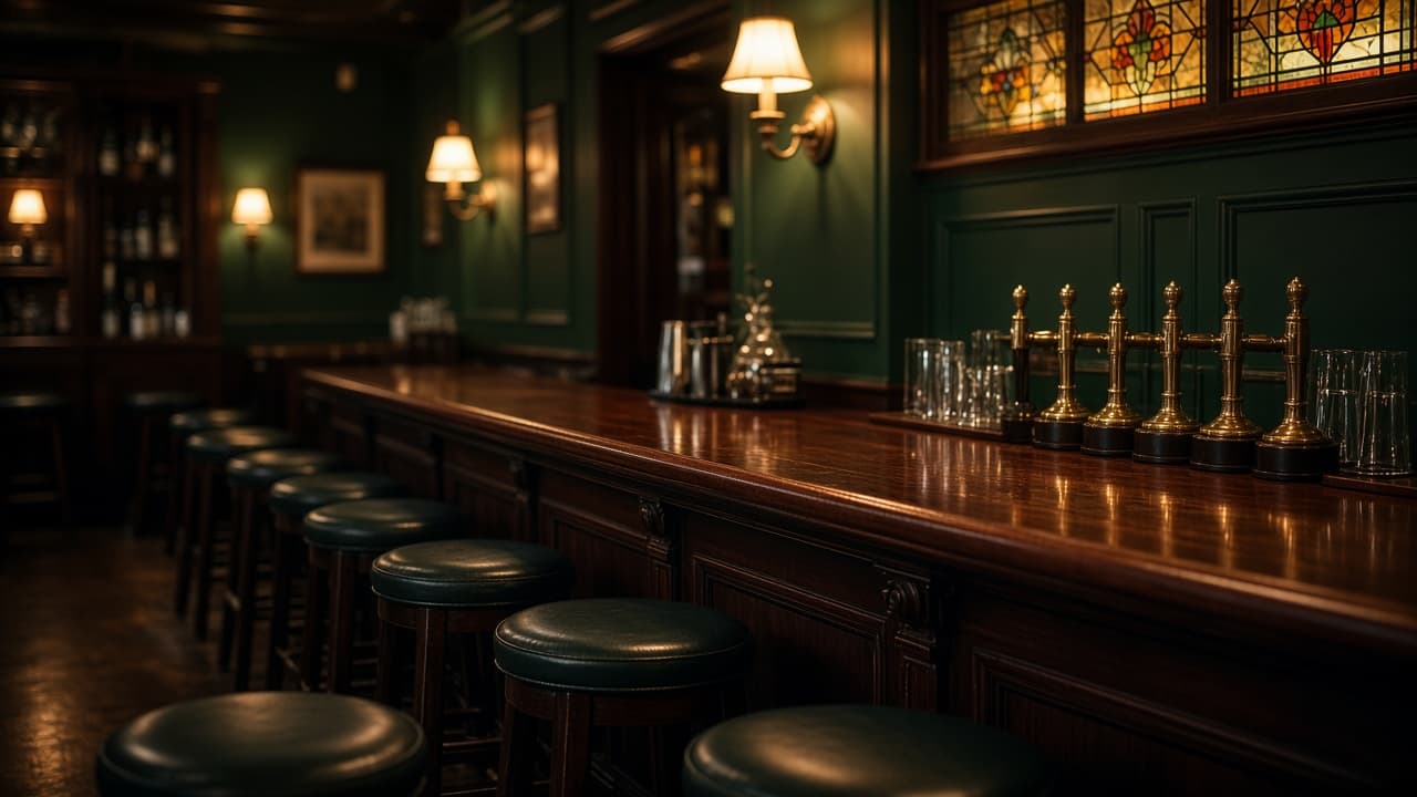 Warm interior of a generic pub with a mahogany bar, brass taps and cream lamp light