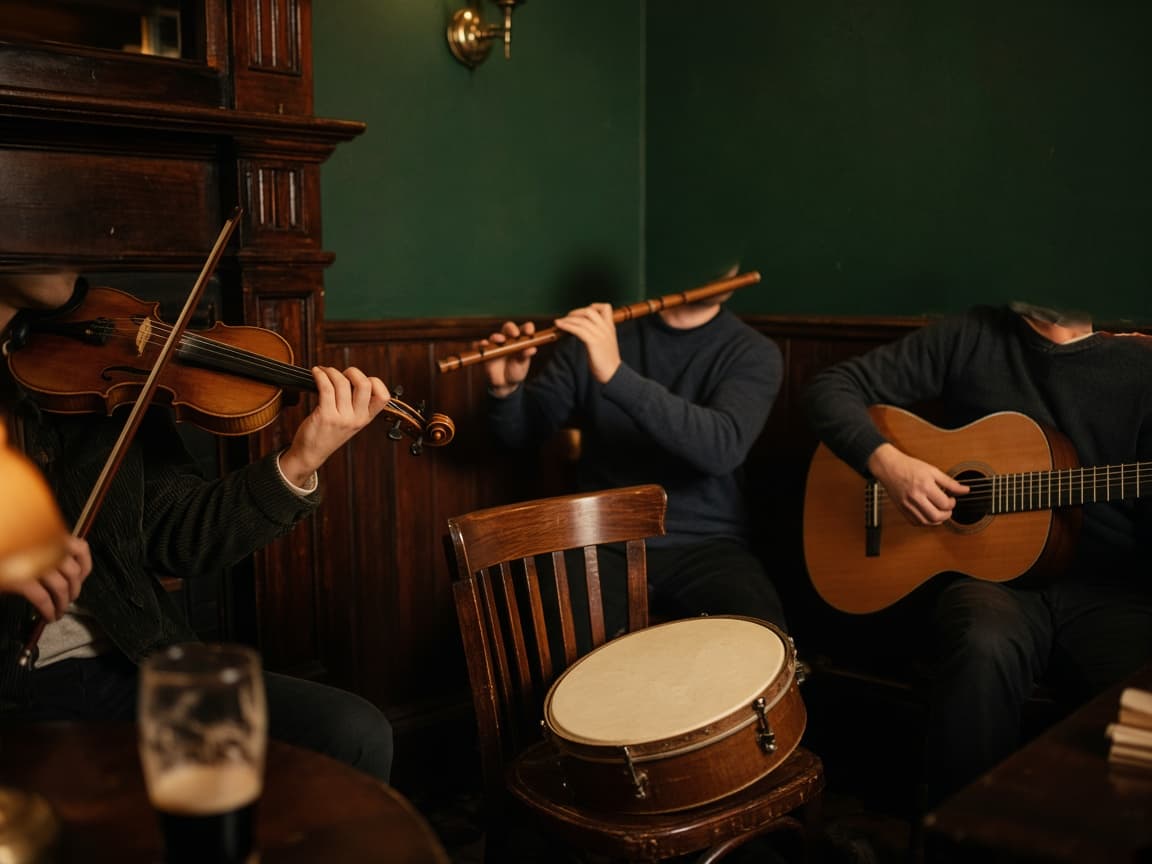 Fiddle, flute, guitar and bodhrán waiting in a warm pub corner